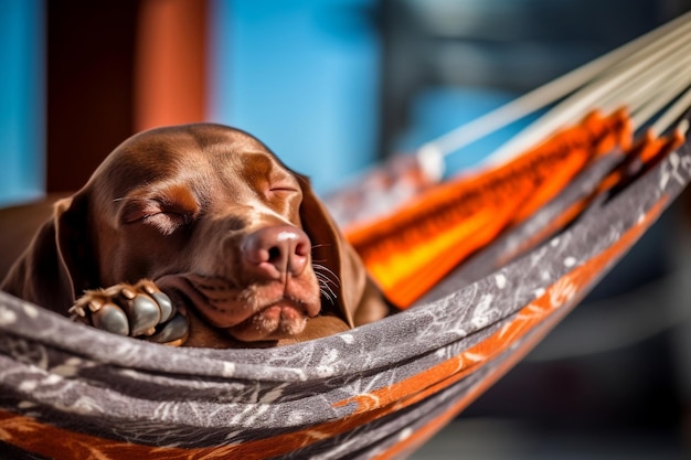 Aesthetic dog leisurely basking on a hammock bed in the sun AIgenerated