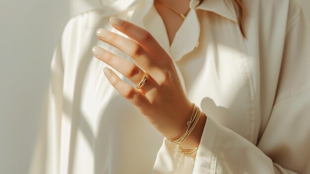 Aesthetic female hand with a light manicure and jewellery Light sunny background Generative AI