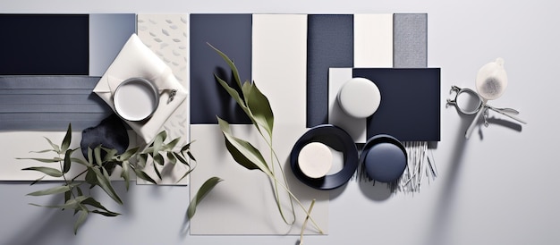 Photo aesthetic flat lay composition in grey and navy color palette with textile and paint samples lamella panels leaves and tiles generative ai