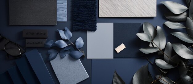 Photo aesthetic flat lay composition in grey and navy color palette with textile and paint samples lamella panels leaves and tiles generative ai