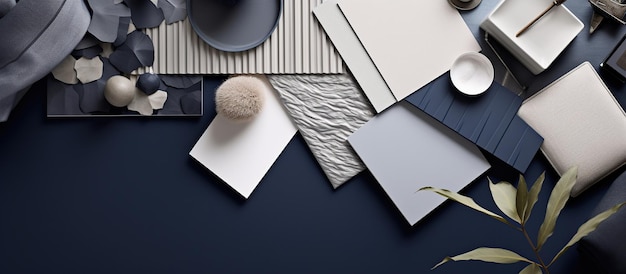 Photo aesthetic flat lay composition in grey and navy color palette with textile and paint samples lamella panels leaves and tiles generative ai