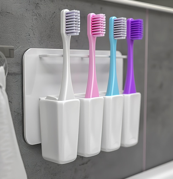 Aesthetic harmony toothbrushes in modern minimalist holders symbolizing unity and personal hygiene