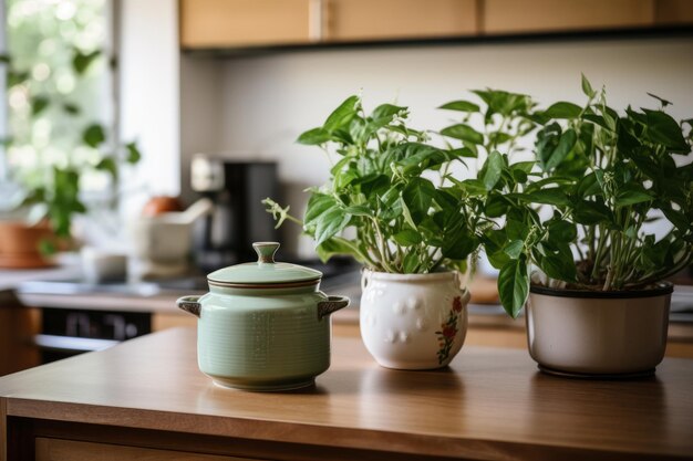 Photo aesthetic harmony vibrant greenleafed plant complements table setting with a cooking pot and vase