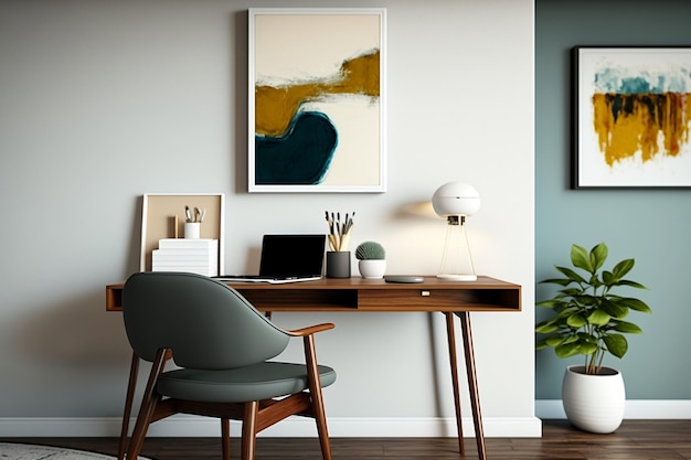 Эстетический декор домашнего офиса и минималистское рабочее пространство с генеративным искусственным интеллектом для фокусировки на пустой стене