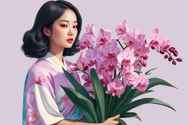 Aesthetic Illustration of an Asian Woman Holding Orchid Bouquet Generative AI