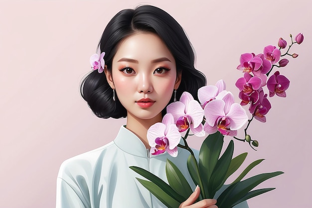 Эстетическая иллюстрация азиатской женщины, держащей букет орхидей