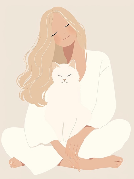 Photo aesthetic illustration of blonde woman with ragdoll cat generative ai