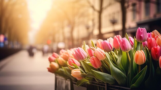 Aesthetic image of tulips on a street