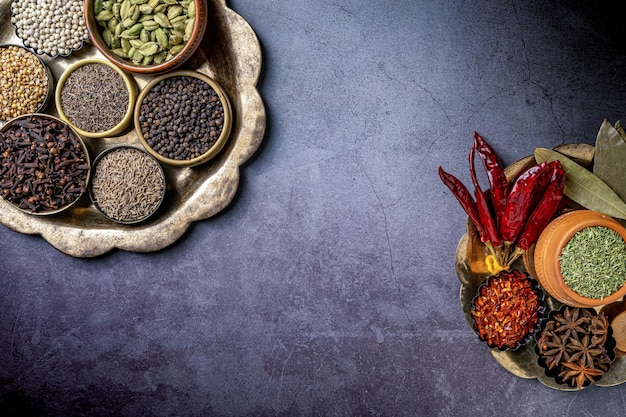 aesthetic Indian spices top view with text space dark background