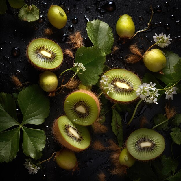 Foto kiwi estetico con gocce d'acqua su sfondo nero angolo di ripresa dall'alto ia generativa