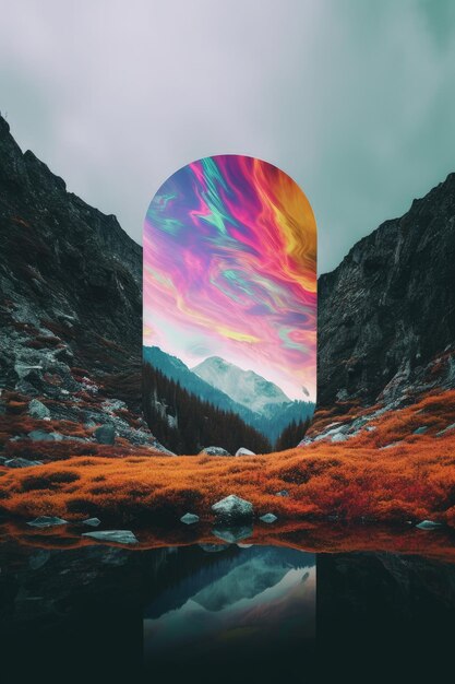Photo aesthetic landscape with a psychedelic mirror in the middle illustration made with generative ai
