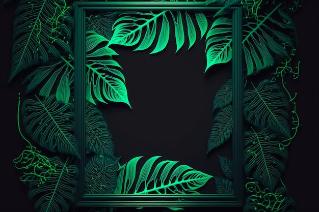 Aesthetic leaf frame background, neon botanical design, copy space. AI Generated