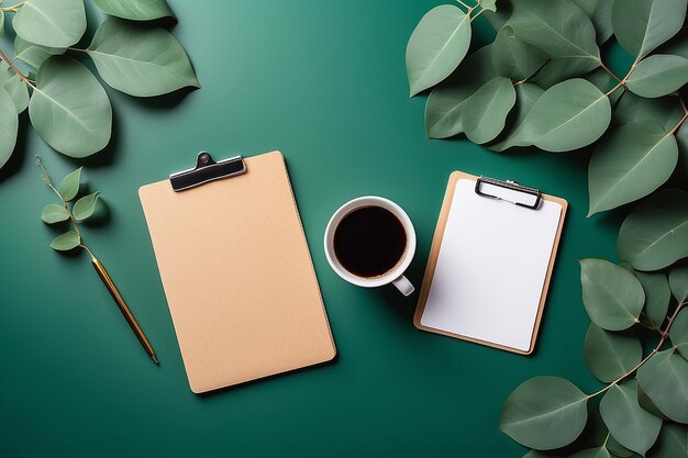 Aesthetic minimal office desk table with clipboard mockup coffee cup stationery and eucalyptus leaves on green background