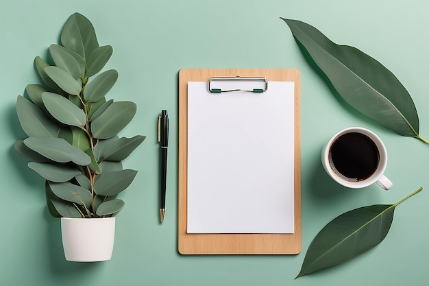 Aesthetic minimal office desk table with clipboard mockup coffee cup stationery and eucalyptus leaves on green background