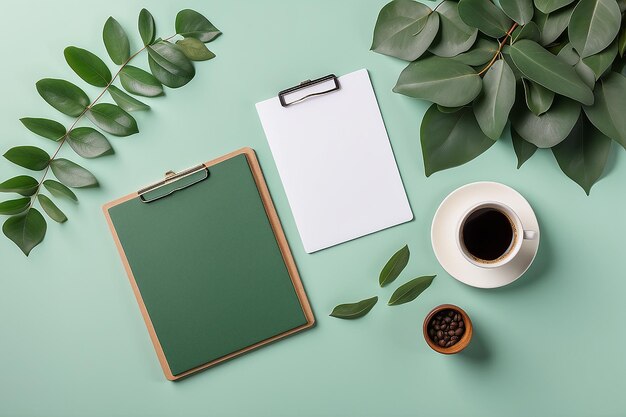 Aesthetic minimal office desk table with clipboard mockup coffee cup stationery and eucalyptus leaves on green background