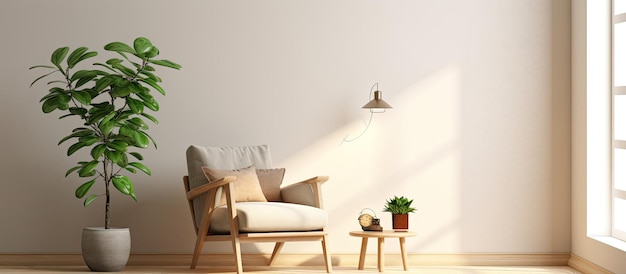 Aesthetic and minimalist living room with a boucle armchair wooden coffee table pendant lamp