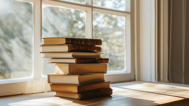 Эстетическая минималистская стопка книг перед окном в библиотеке Светлые цвета Генеративный ИИ