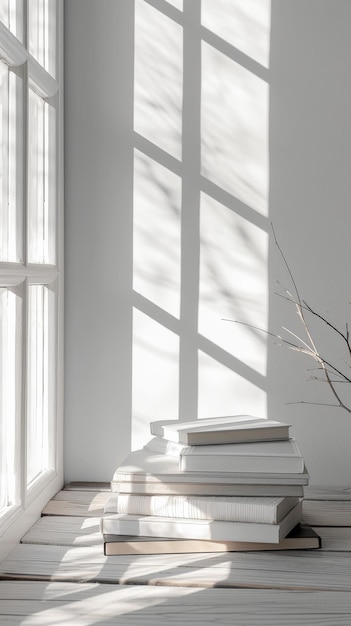 Aesthetic minimalist stack of books in front of a window in a library Light colors Generative AI