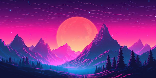 Aesthetic mountain synthwave retrowave wallpaper with a cool and vibrant neon design