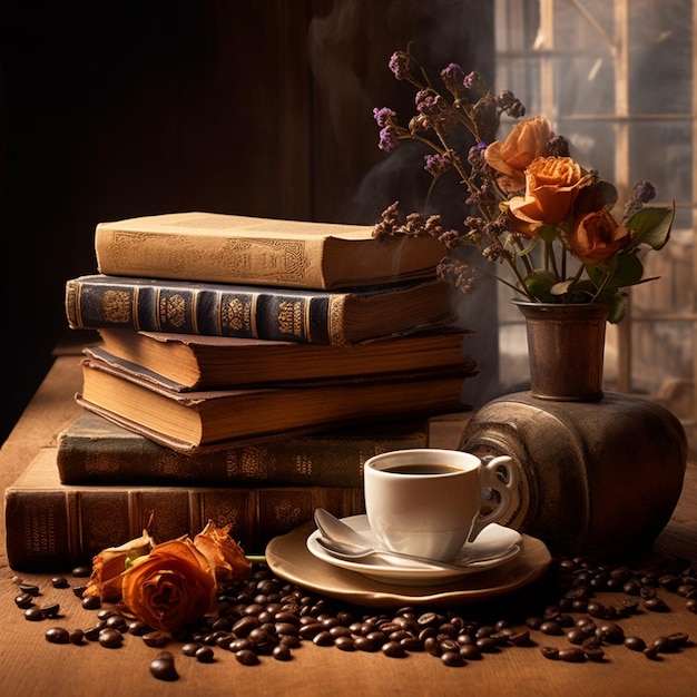 Premium AI Image  aesthetic old books atmosphere with coffee