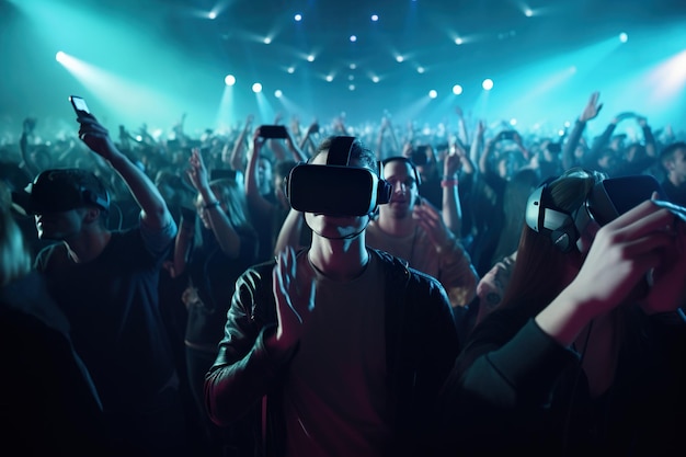 A aesthetic photo crowded people wearing vr watching concert in dark night