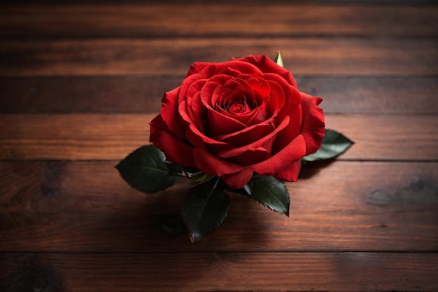 Aesthetic photo of pink rose lay flat on wooden table top view