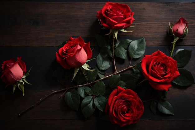 Aesthetic photo of red rose lay flat on wooden table top view