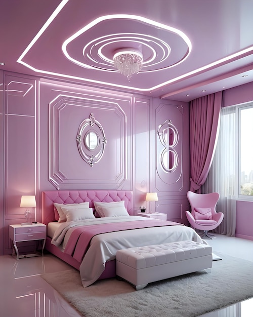 Photo aesthetic pink bedroom with various decorations