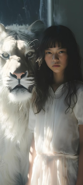 Photo aesthetic portrait teenage girl and white lioness in sunlit room