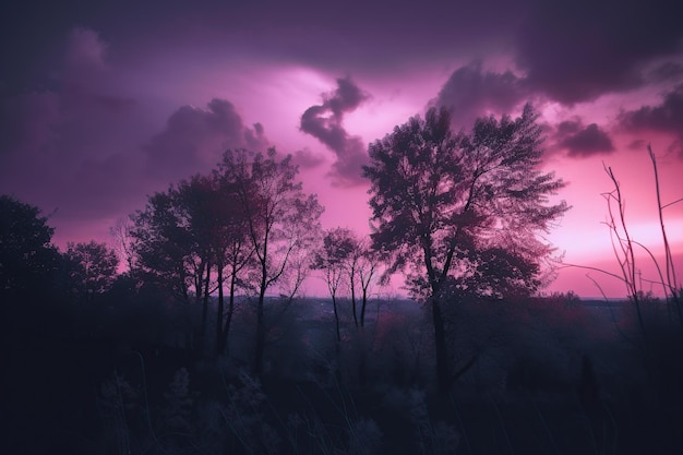 Пейзаж на фоне фиолетового неба