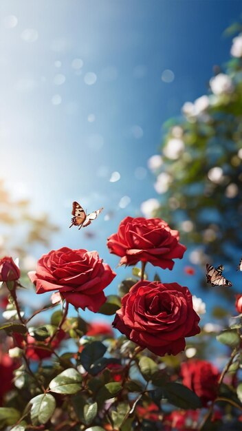 Aesthetic red rose garden with butterfly on clear blue sky with clouds