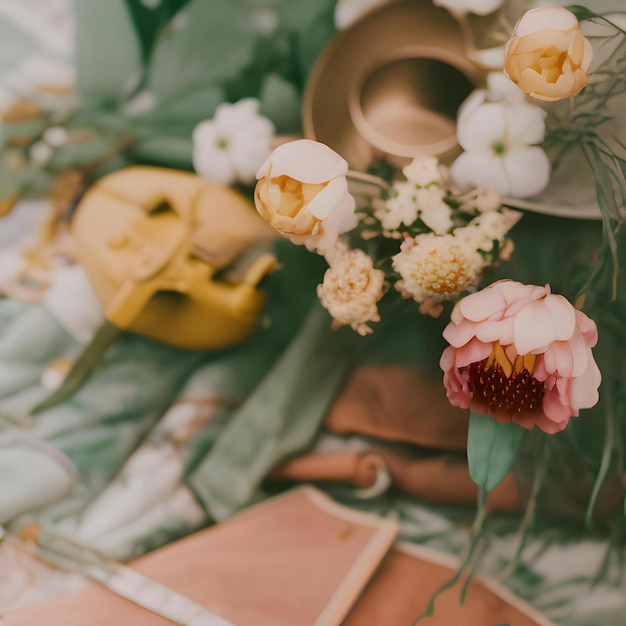 Aesthetic Retro Composition with Flowers Peons