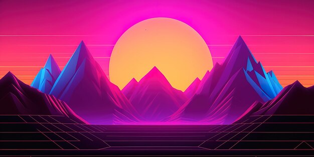 Photo aesthetic retro wave or synthwave mountain background with a stunning summer sunset