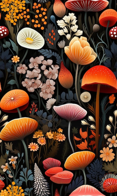 Aesthetic Seamless Patterned Design of Floral Mushroom psychedelic vibes