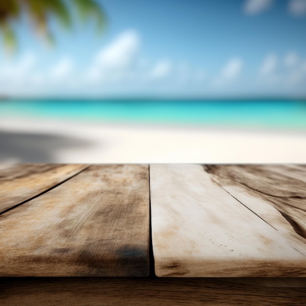 Aesthetic Serenity Ocean Backdrop Enhances Wooden Table's Beauty