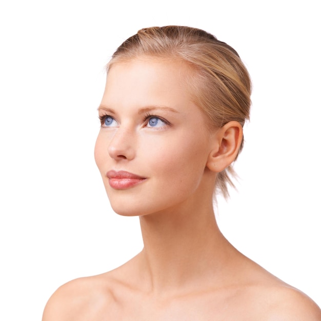 aesthetic skincare and vision with natural woman in studio isolated on white background for wellness beauty face and makeup with young model thinking at spa or salon for dermatology treatment