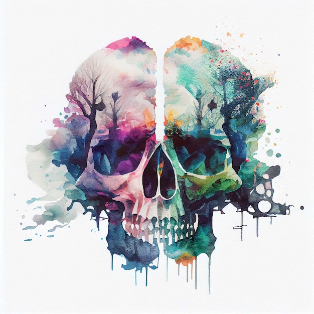 Aesthetic skull Double exposure watercolor skeleton head Halloween concept Generative AI