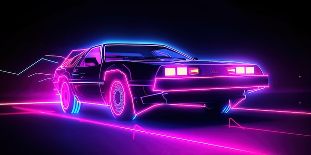 Foto auto synthwave estetica con un'atmosfera vintage caratterizzata da un'accattivante combinazione di colori al neon viola in movimento