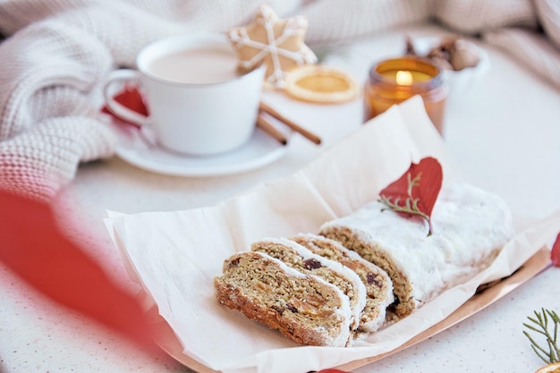 Aesthetic traditional Christmas breakfast German stollen cake coffee cookies Happy holidays