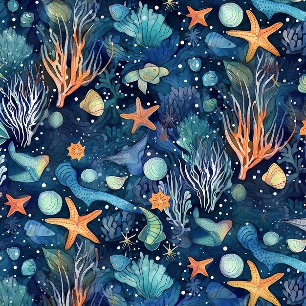 Aesthetic Watercolor Arranged Ocean Life Pattern Illustration