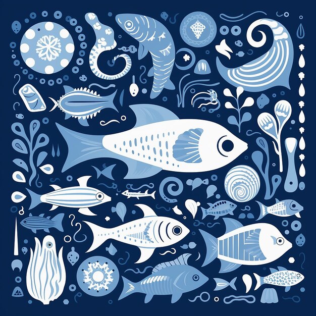 Aesthetic Watercolor Arranged Ocean Life Pattern Illustration