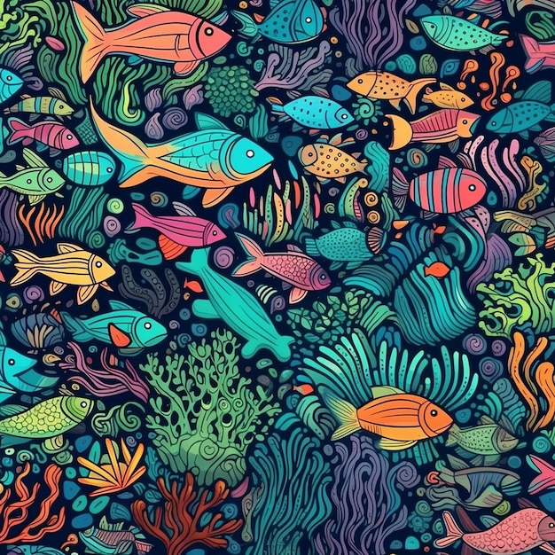 미학적 인 수채화 배열 된 해양 생명 패턴 일러스트레이션