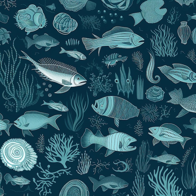 Aesthetic Watercolor Arranged Ocean Life Pattern Illustration