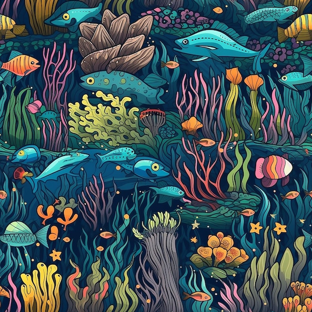 Aesthetic Watercolor Arranged Ocean Life Pattern Illustration