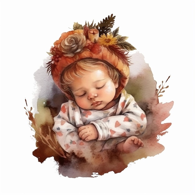 Aesthetic Watercolor Baby on Wreath Illustration