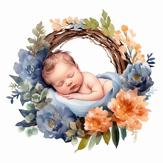 Aesthetic Watercolor Baby on Wreath Illustration