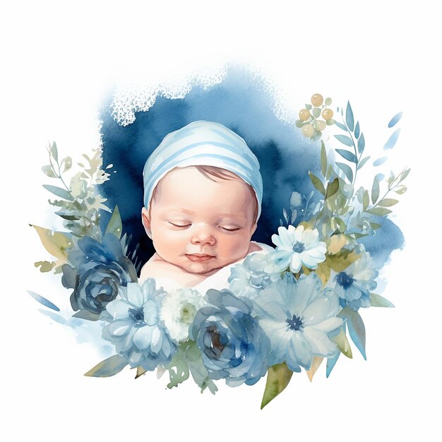 Aesthetic Watercolor Baby on Wreath Illustration