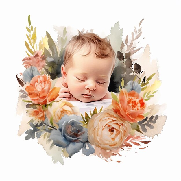 Aesthetic Watercolor Baby on Wreath Illustration