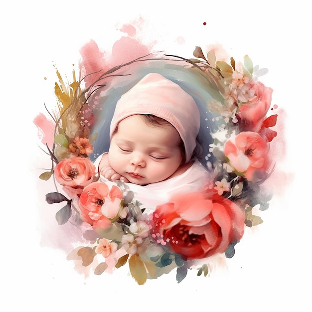 Aesthetic Watercolor Baby on Wreath Illustration