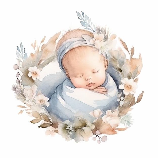 Aesthetic Watercolor Baby on Wreath Illustration